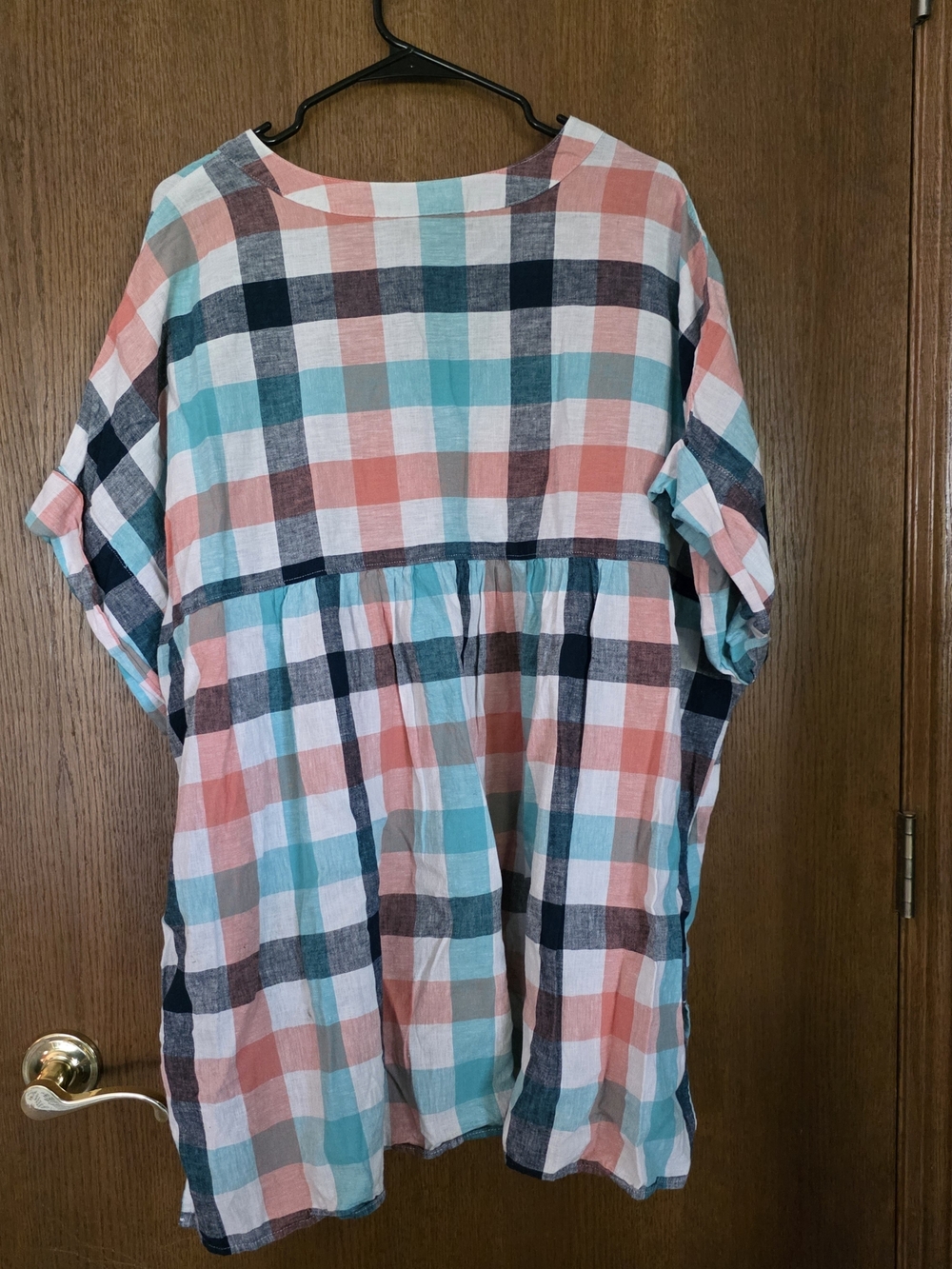 St. John's Bay Coral, Teal & Navy Plaid V-Neck Tunic - Picture 2 of 3